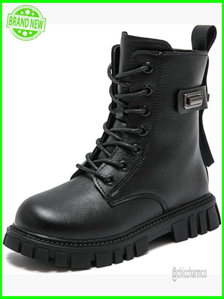 Leather Combat Ankle Booties With Lug Sole And Side Zip - Girls Size 4-11